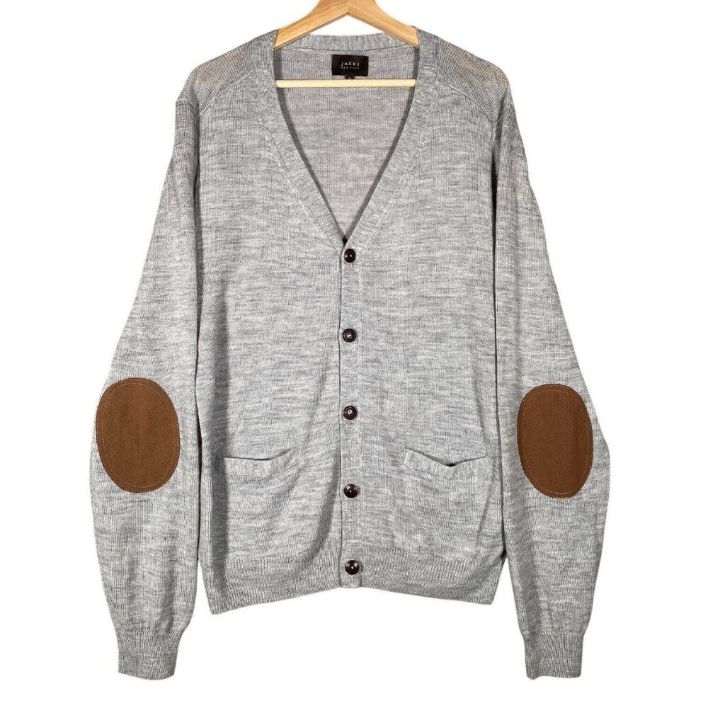 JACHS Merino Wool Cardigan XL Elbow Patch Button Front V Neck Grandpa Sweater